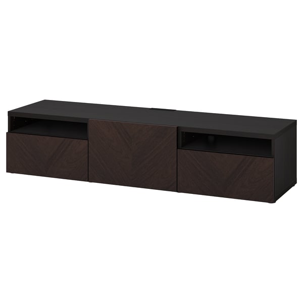 BESTÅ TV bench with drawers and door, black-brown Hedeviken/dark brown stained oak veneer, 180x42x39 cm