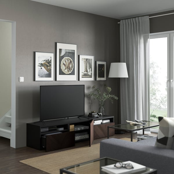 BESTÅ - BESTÅ TV bench with drawers and door, black-brown Hedeviken/dark brown stained oak veneer, 180x42x39 cm