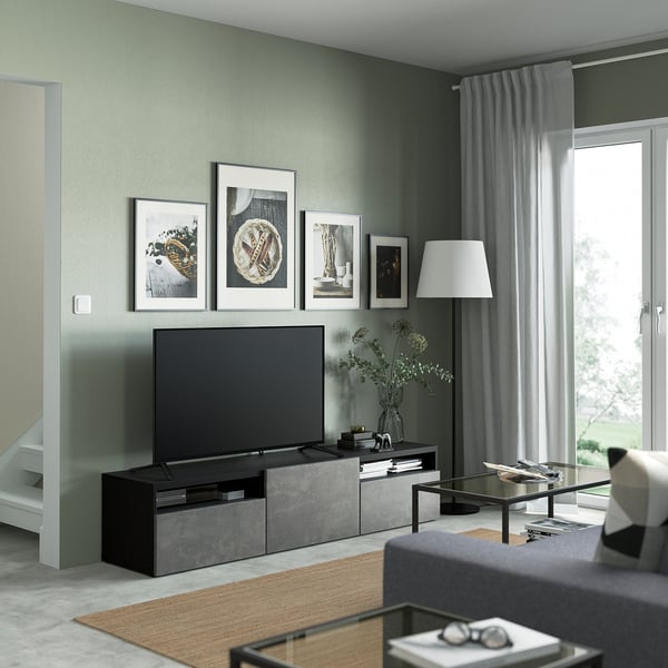 BESTÅ TV bench with drawers and door, black-brown/Kallviken dark grey, 180x42x39 cm