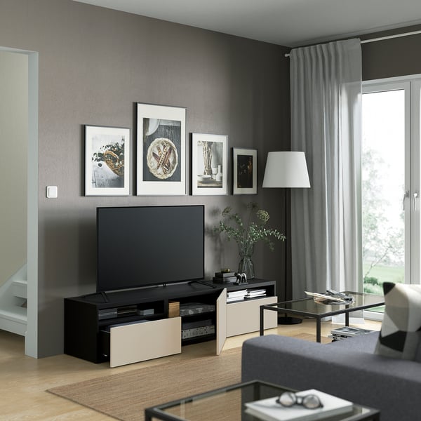 BESTÅ - BESTÅ TV bench with drawers and door, black-brown/Lappviken light grey/beige, 180x42x39 cm