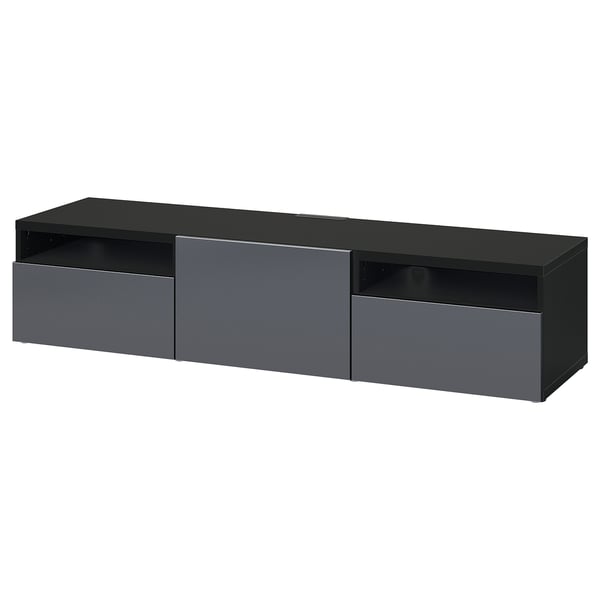 BESTÅ - BESTÅ TV bench with drawers and door, black-brown/Riksviken brushed dark pewter effect, 180x42x39 cm
