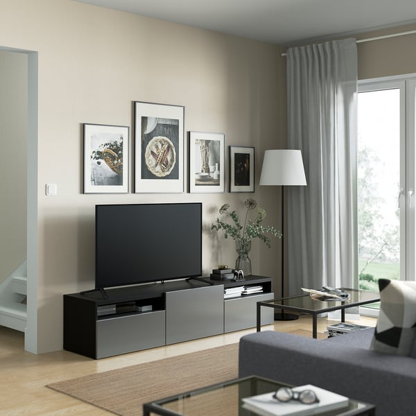 BESTÅ - BESTÅ TV bench with drawers and door, black-brown/Riksviken brushed dark pewter effect, 180x42x39 cm