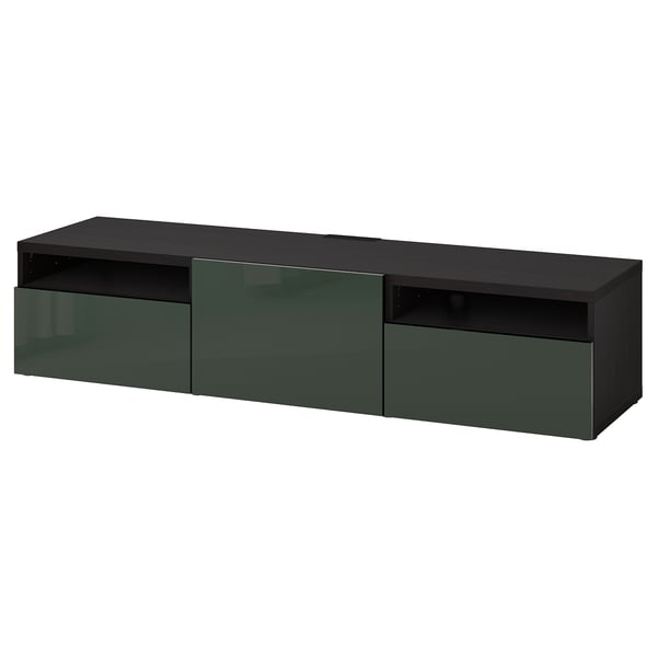 BESTÅ - BESTÅ TV bench with drawers and door, black-brown/Selsviken dark olive-green, 180x42x39 cm