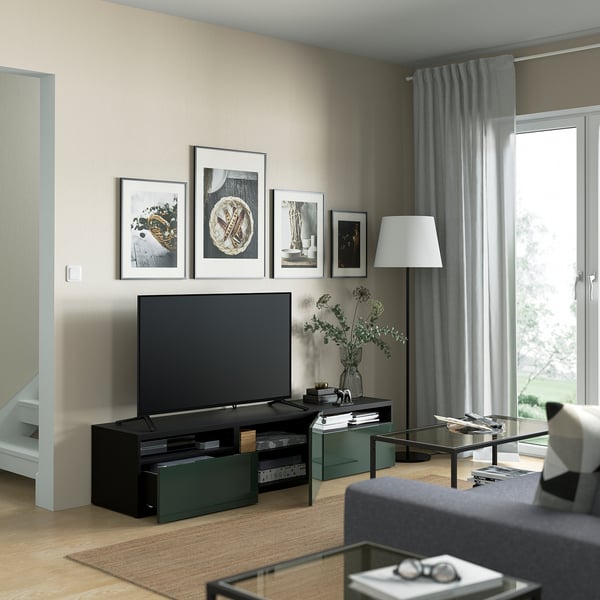 BESTÅ - BESTÅ TV bench with drawers and door, black-brown/Selsviken dark olive-green, 180x42x39 cm