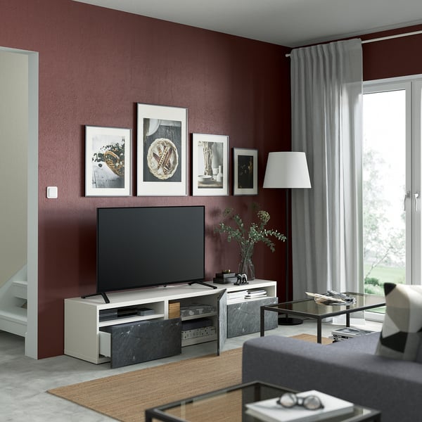 BESTÅ - TV bench with drawers and door, white/Bergsviken black, 180x42x39 cm
