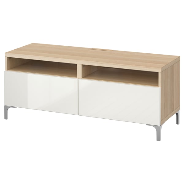 BESTÅ TV bench with drawers, white stained oak effect/Selsviken/Nannarp high-gloss/white, 120x42x48 cm