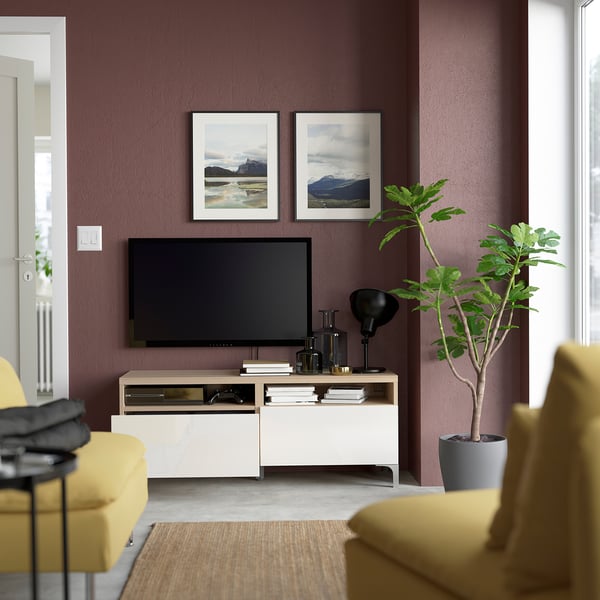 BESTÅ TV bench with drawers, white stained oak effect/Selsviken/Nannarp high-gloss/white, 120x42x48 cm