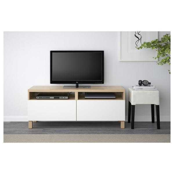 BESTÅ - BESTÅ TV bench with drawers, white stained oak effect/Lappviken white, 120x42x48 cm