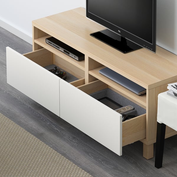 BESTÅ - BESTÅ TV bench with drawers, white stained oak effect/Lappviken white, 120x42x48 cm