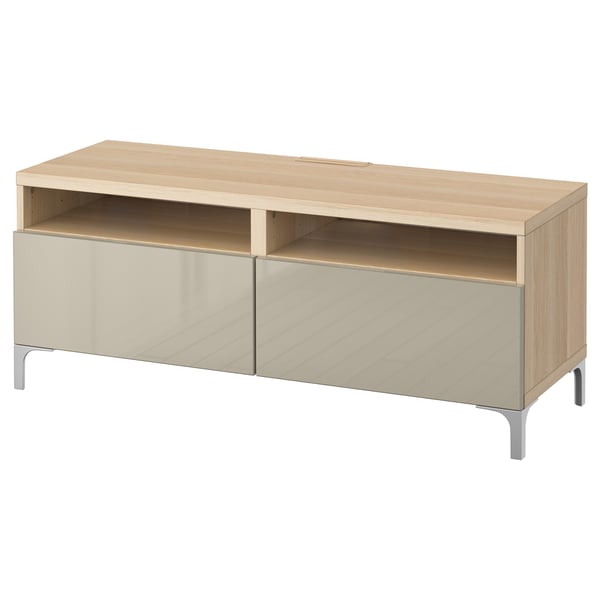 BESTÅ TV bench with drawers, white stained oak effect/Selsviken high-gloss/beige, 120x42x48 cm