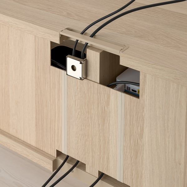 BESTÅ TV bench with drawers, white stained oak effect/Selsviken high-gloss/white, 120x42x48 cm
