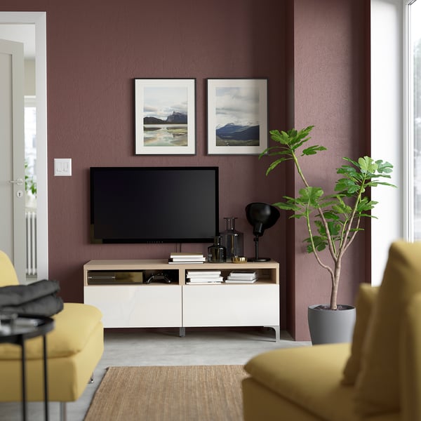 BESTÅ TV bench with drawers, white stained oak effect/Selsviken high-gloss/white, 120x42x48 cm