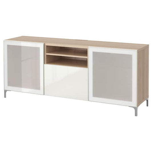 Ikea BESTÅ - TV cabinet with drawers, white stained oak effect/Selsviken glossy/white frosted glass,180x40x74 cm