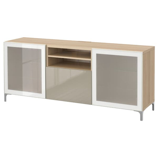 Ikea BESTÅ - TV cabinet with drawers, white stained oak/Selsviken/Nannarp polished effect/beige frosted glass,180x42x74 cm