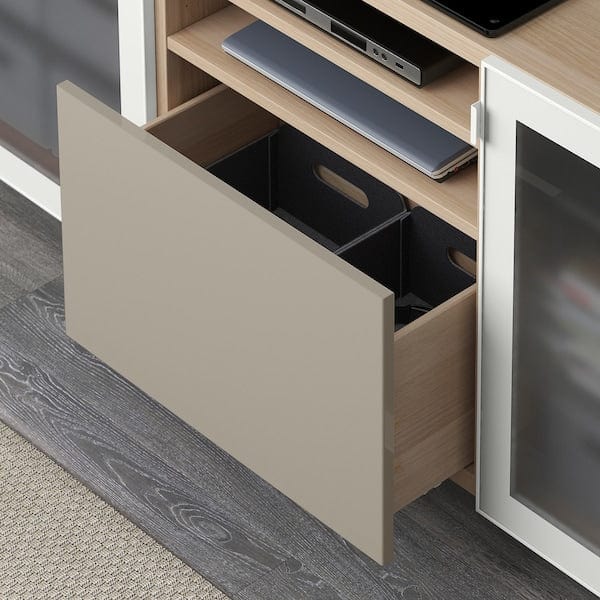 Ikea BESTÅ - TV cabinet with drawers, white stained oak/Selsviken/Nannarp polished effect/beige frosted glass,180x42x74 cm