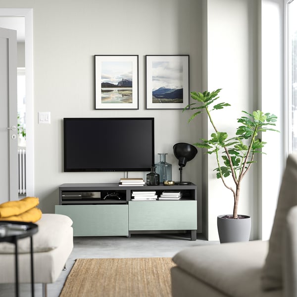 BESTÅ TV bench with drawers, dark grey/Hjortviken/Stubbarp pale grey-green, 120x42x48 cm