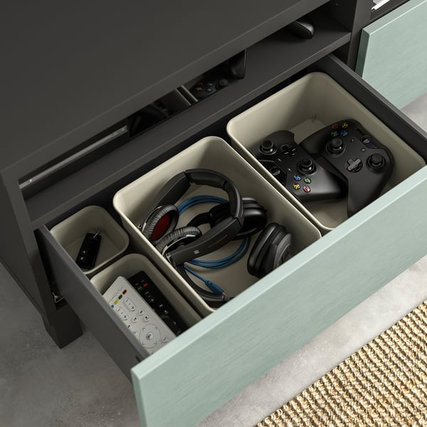 BESTÅ TV bench with drawers, dark grey/Hjortviken/Stubbarp pale grey-green, 120x42x48 cm