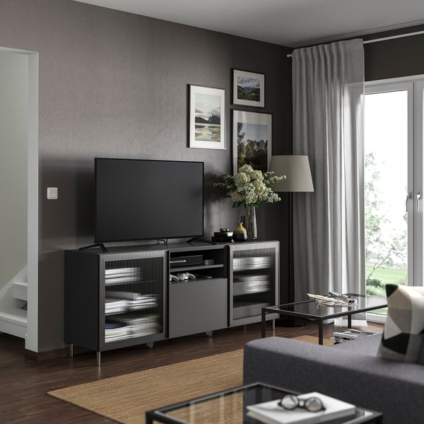 BESTÅ - BESTÅ TV bench with drawers, dark grey Lappviken/Fällsvik anthracite, 180x42x74 cm