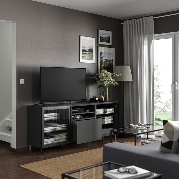 BESTÅ - BESTÅ TV bench with drawers, dark grey Lappviken/Fällsvik anthracite, 180x42x74 cm
