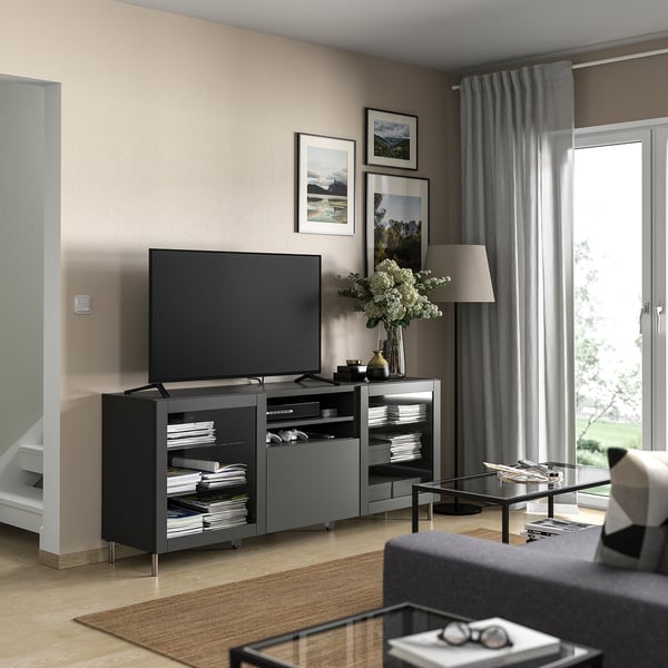 BESTÅ - BESTÅ TV bench with drawers, dark grey Sindvik/Lappviken/Stubbarp dark grey, 180x42x74 cm