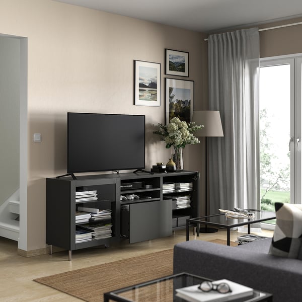 BESTÅ - BESTÅ TV bench with drawers, dark grey Sindvik/Lappviken/Stubbarp dark grey, 180x42x74 cm