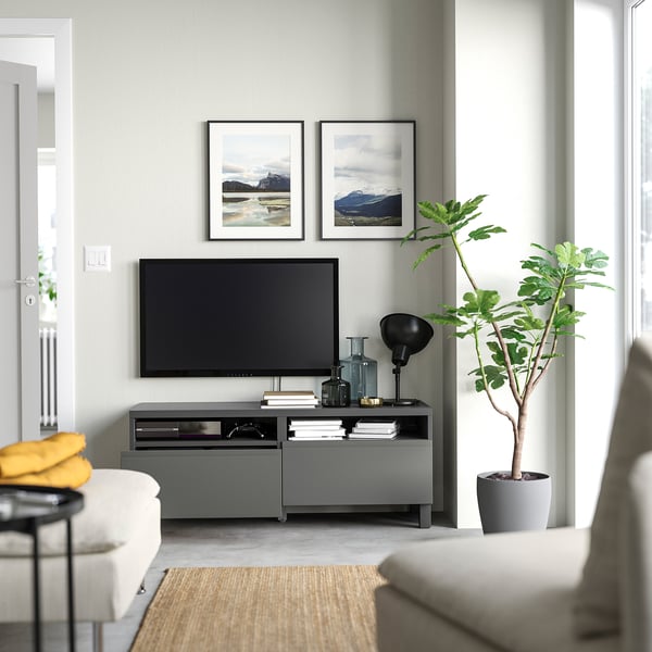 BESTÅ - BESTÅ TV bench with drawers, dark grey/Västerviken/Stubbarp dark grey, 120x42x48 cm
