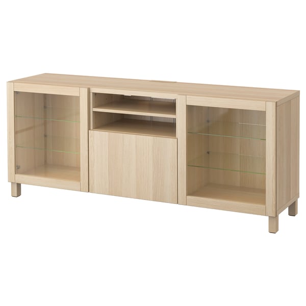 BESTÅ - BESTÅ TV bench with drawers, Lappviken/Sindvik white stained oak eff clear glass, 180x42x74 cm