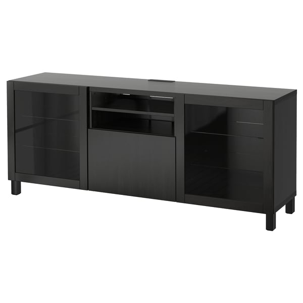 BESTÅ - BESTÅ TV bench with drawers, Lappviken/Sindvik black-brown clear glass, 180x42x74 cm