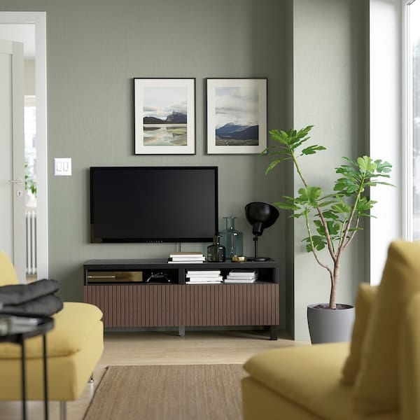 Ikea BESTÅ - TV bench with drawers, black-brown Björköviken/Stubbarp/brown stained oak veneer, 120x42x48 cm