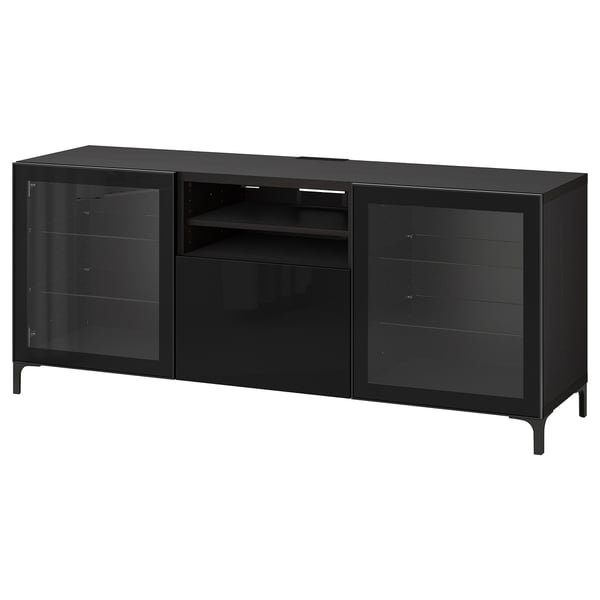 BESTÅ - BESTÅ TV bench with drawers, black-brown Glassvik/Selsviken/Nannarp black, 180x42x74 cm