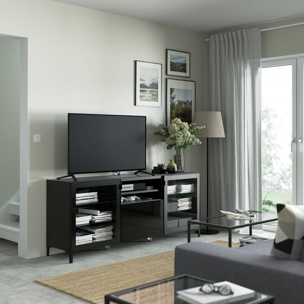 BESTÅ TV bench with drawers, black-brown Glassvik/Selsviken/Nannarp black, 180x42x74 cm