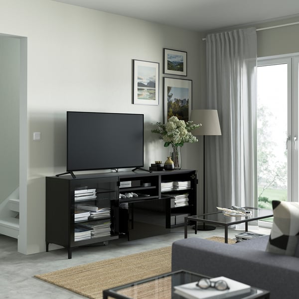 BESTÅ - BESTÅ TV bench with drawers, black-brown Glassvik/Selsviken/Nannarp black, 180x42x74 cm