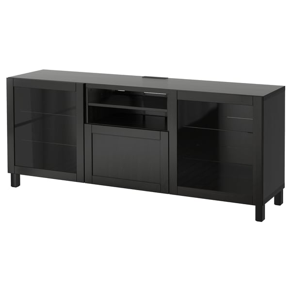 BESTÅ TV bench with drawers, black-brown/Hanviken/Stubbarp black-brown clear glass, 180x42x74 cm