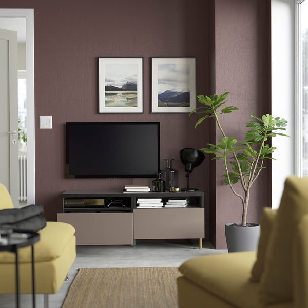 BESTÅ TV bench with drawers, black-brown / Hjortviken / Ösarp brown,120x42x48 cm
