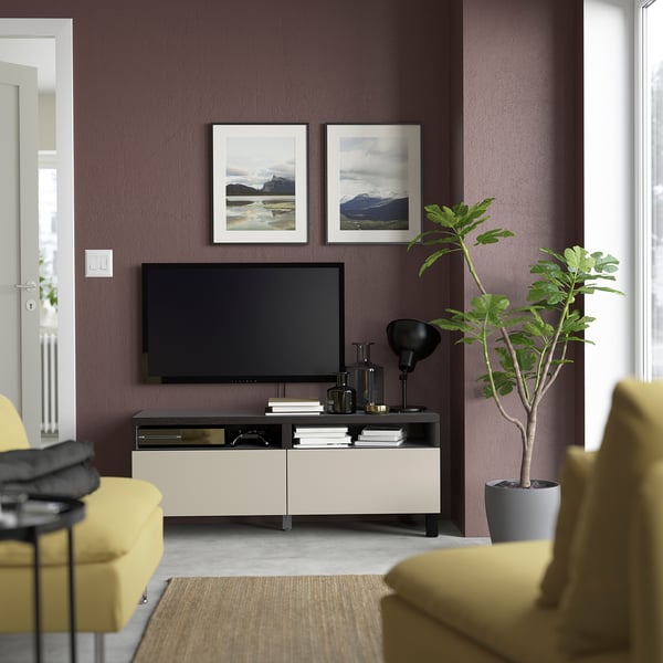 BESTÅ - BESTÅ TV bench with drawers, black-brown/Lappviken/Stubbarp light grey/beige, 120x42x48 cm