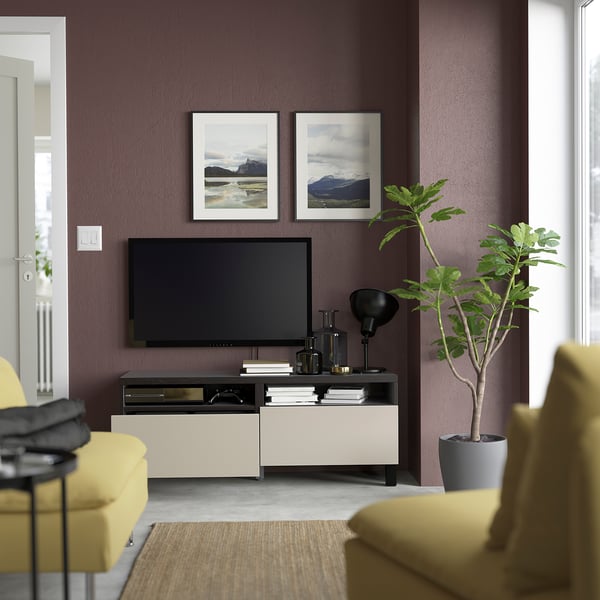 BESTÅ - BESTÅ TV bench with drawers, black-brown/Lappviken/Stubbarp light grey/beige, 120x42x48 cm