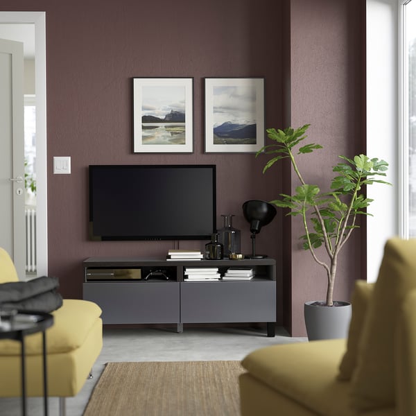 BESTÅ - BESTÅ TV bench with drawers, black-brown/Riksviken/Stubbarp brushed dark pewter effect, 120x42x48 cm