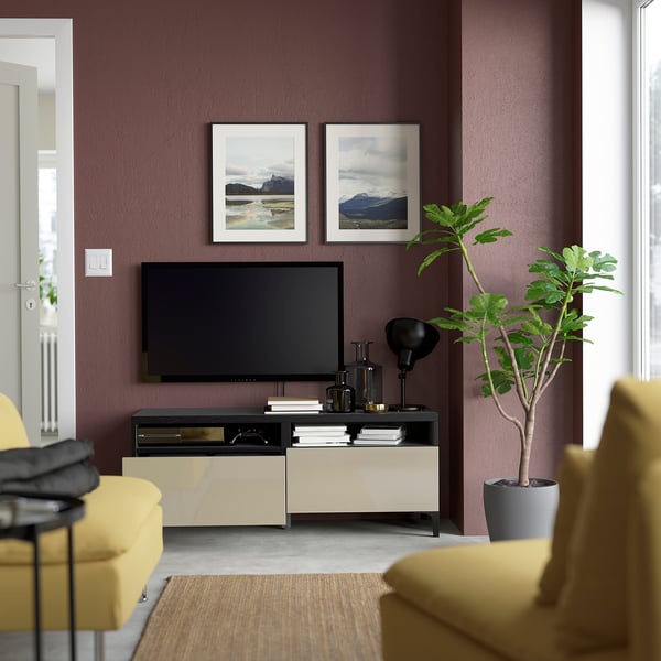 BESTÅ TV bench with drawers, black-brown/Selsviken high-gloss/beige, 120x42x48 cm