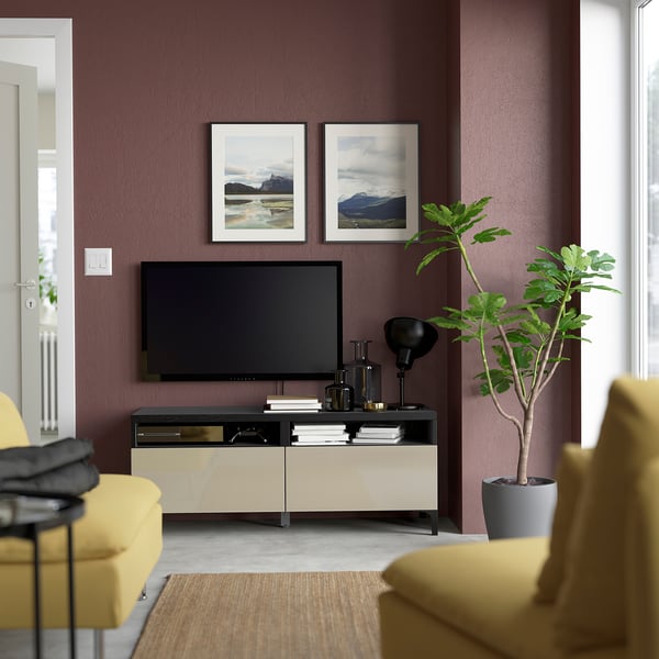 BESTÅ TV bench with drawers, black-brown/Selsviken/Nannarp high-gloss/beige, 120x42x48 cm
