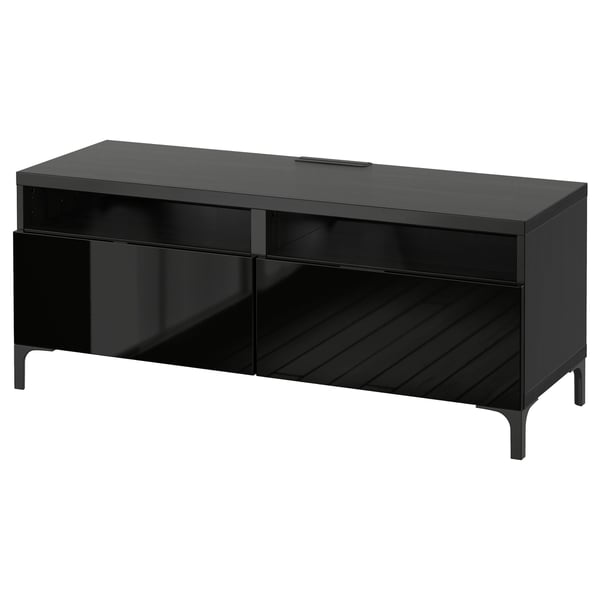 BESTÅ - BESTÅ TV bench with drawers, black-brown/Selsviken/Nannarp high-gloss/black, 120x42x48 cm
