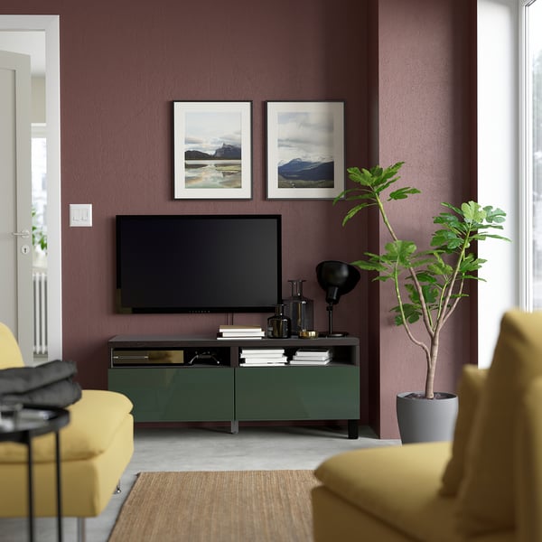 BESTÅ TV bench with drawers, black-brown/Selsviken/Stubbarp dark olive-green, 120x42x48 cm