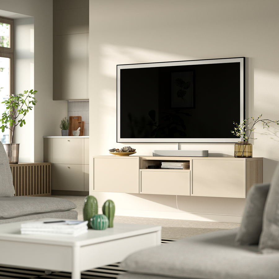 BESTÅ TV bench, white stained oak effect/Krukmakare beige, 180x42x39 cm
