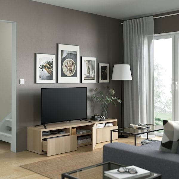 Ikea BESTÅ - TV bench, white stained oak effect/Lappviken white stained oak effect, 180x42x39 cm