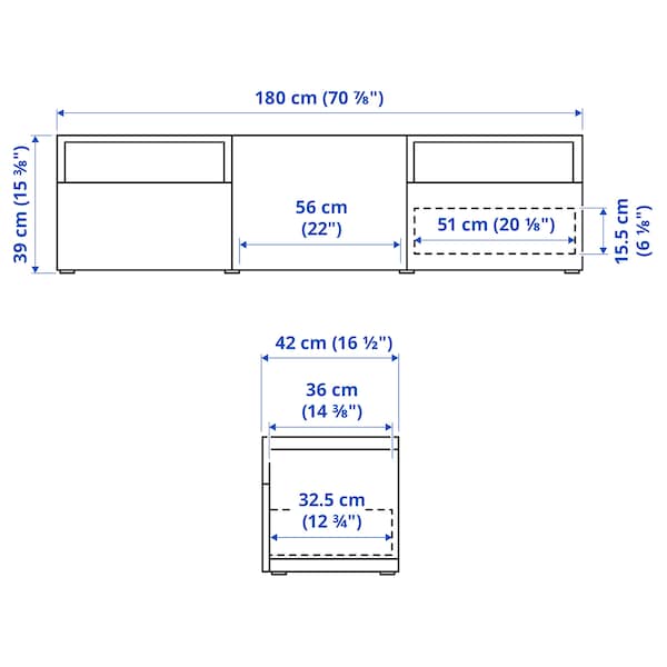 Ikea BESTÅ - TV bench, white stained oak effect/Selsviken high-gloss/white, 180x42x39 cm