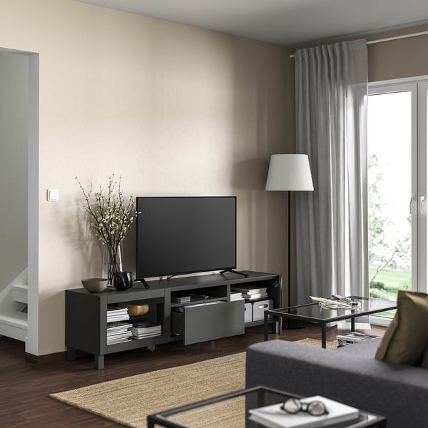 BESTÅ - BESTÅ TV bench, dark grey Sindvik/Lappviken/Stubbarp dark grey, 180x42x48 cm