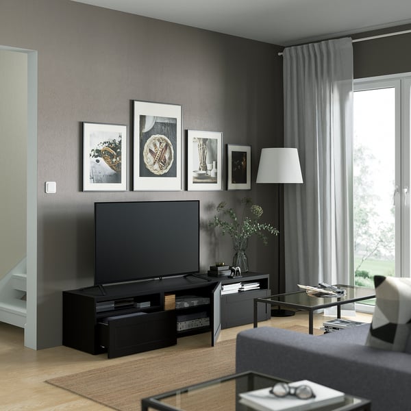 BESTÅ TV bench, black-brown/Hanviken black-brown, 180x42x39 cm