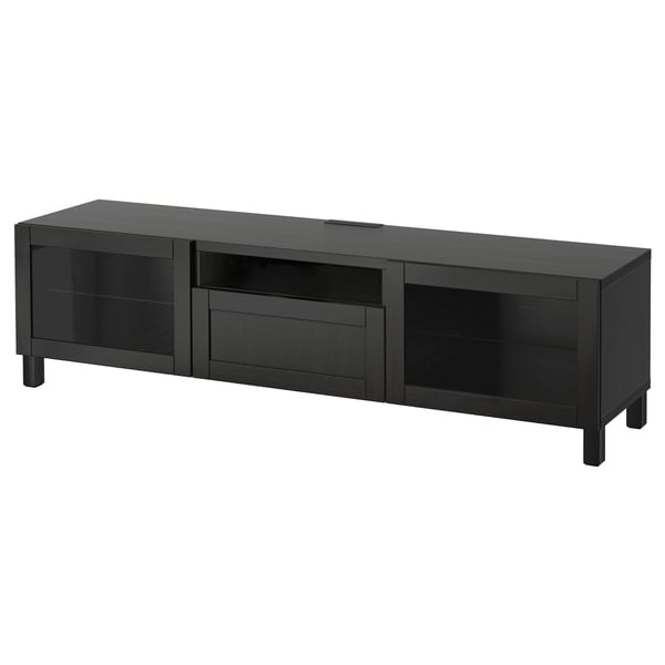 BESTÅ TV bench, black-brown/Hanviken/Stubbarp black-brown clear glass, 180x42x48 cm