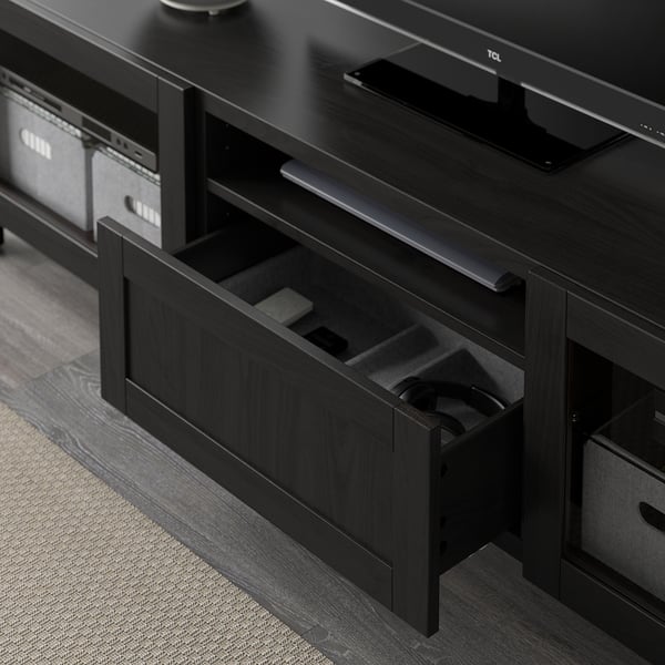 BESTÅ TV bench, black-brown/Hanviken/Stubbarp black-brown clear glass, 180x42x48 cm