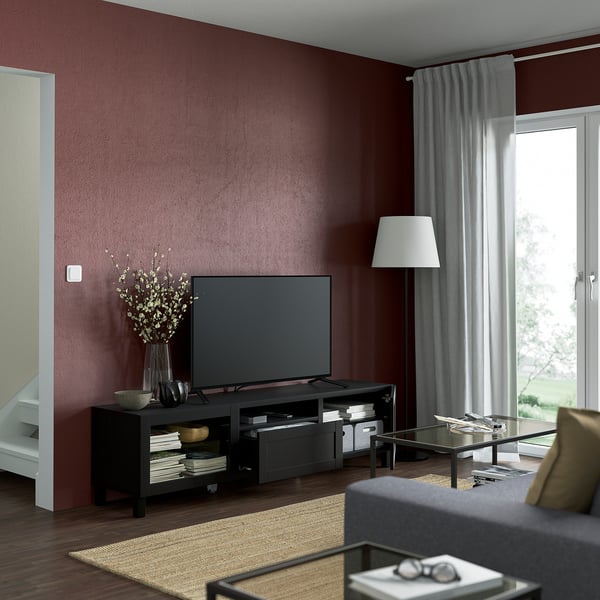 BESTÅ TV bench, black-brown/Hanviken/Stubbarp black-brown clear glass, 180x42x48 cm
