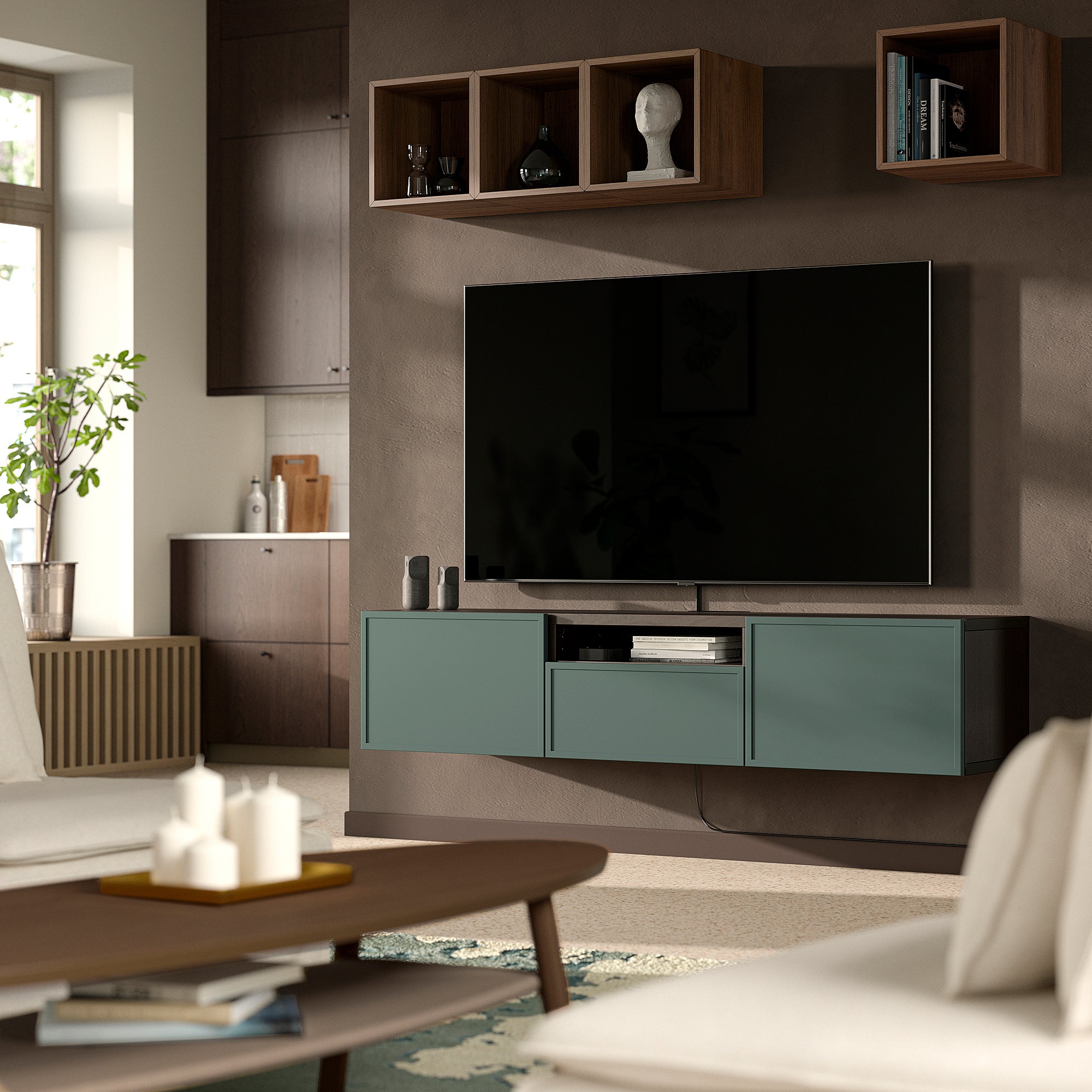 BESTÅ TV bench, black-brown/Krukmakare dark grey-green, 180x42x39 cm
